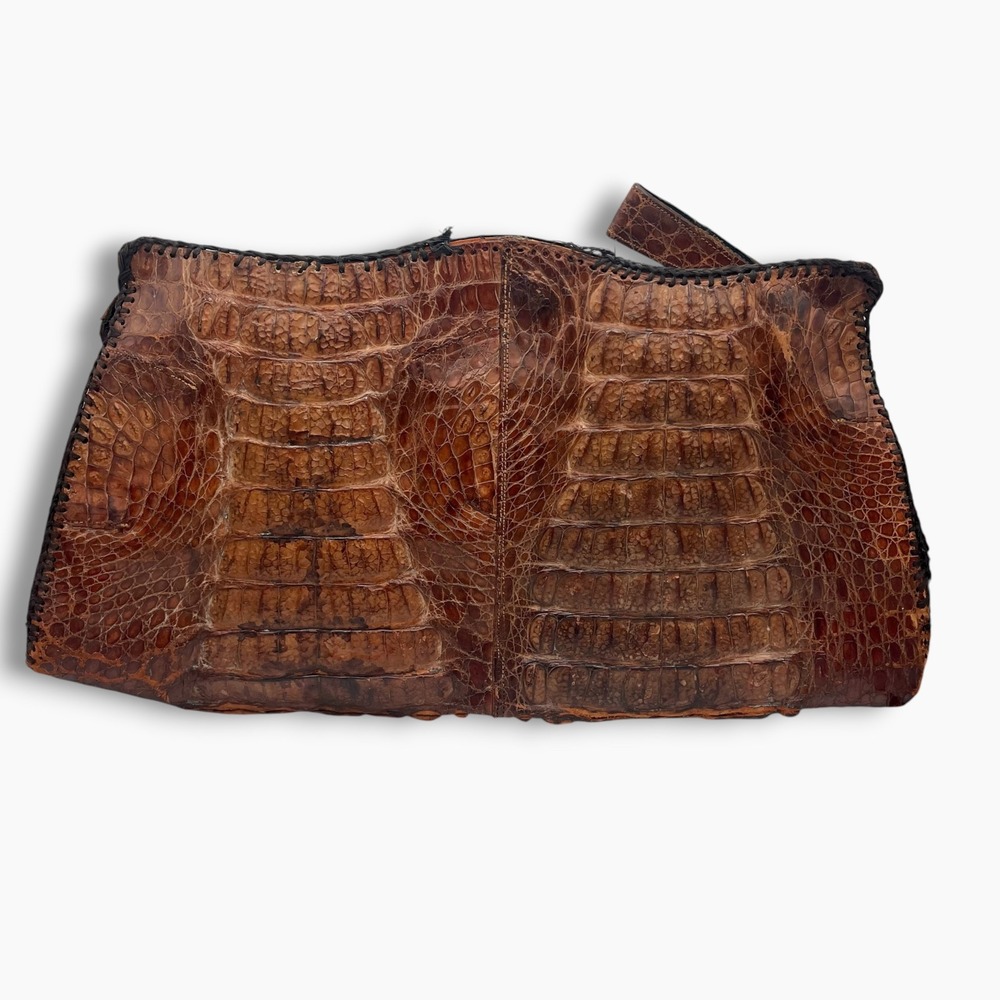 Vintage Alligator Crocodile Skin Hornback Oversized Clutch Bag Brown Whipstitch